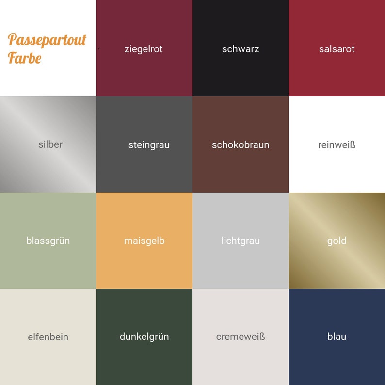 May include: A color chart with 16 different colors, including red, black, white, silver, gold, green, blue, and brown. The colors are labeled in German.