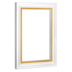 May include: White picture frame with a gold inner border. The frame is made of wood and has a simple, classic design.