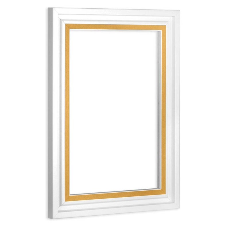 May include: White picture frame with a gold inner border. The frame is made of wood and has a simple, classic design.