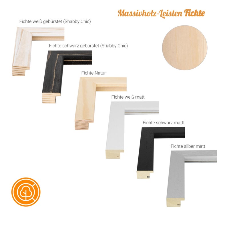 May include: Six different wood picture frames in various finishes, including natural, white, black, and silver. The frames are made of solid wood and have a classic design. The text "Massivholz-Leisten Fichte" is visible at the top of the image.
