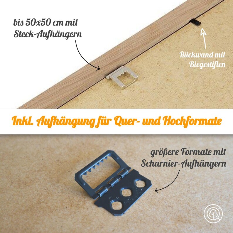 May include: Close-up of a black metal picture hanging hook with a hinge. The hook is designed for hanging larger picture frames. The text "gr&ouml;&szlig;ere Formate mit Scharnier-Aufh&auml;ngern" is visible in the image.