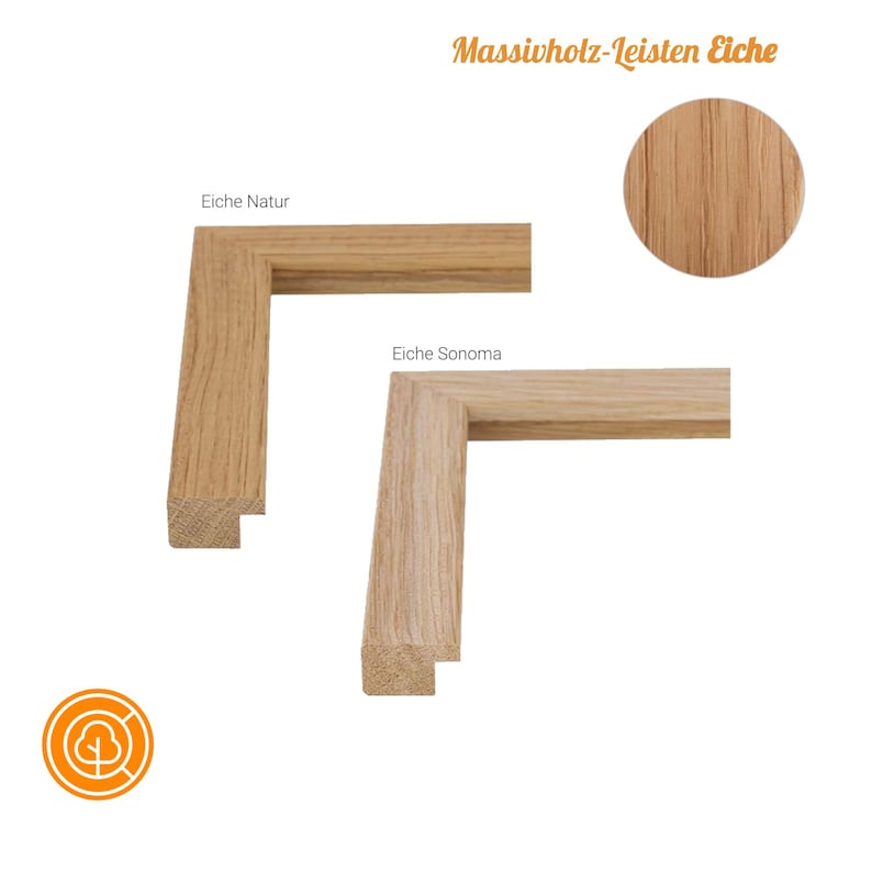 May include: Two wooden picture frame samples in natural and sonoma oak finishes. The frames are made of solid wood and have a simple, classic design. The image also includes a close-up of the wood grain.