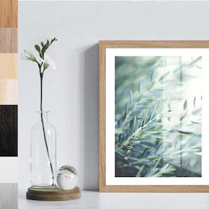 May include: A framed print of a close-up of green leaves with a blurred background. The frame is light wood and the print has the word "BALANCE" at the bottom.