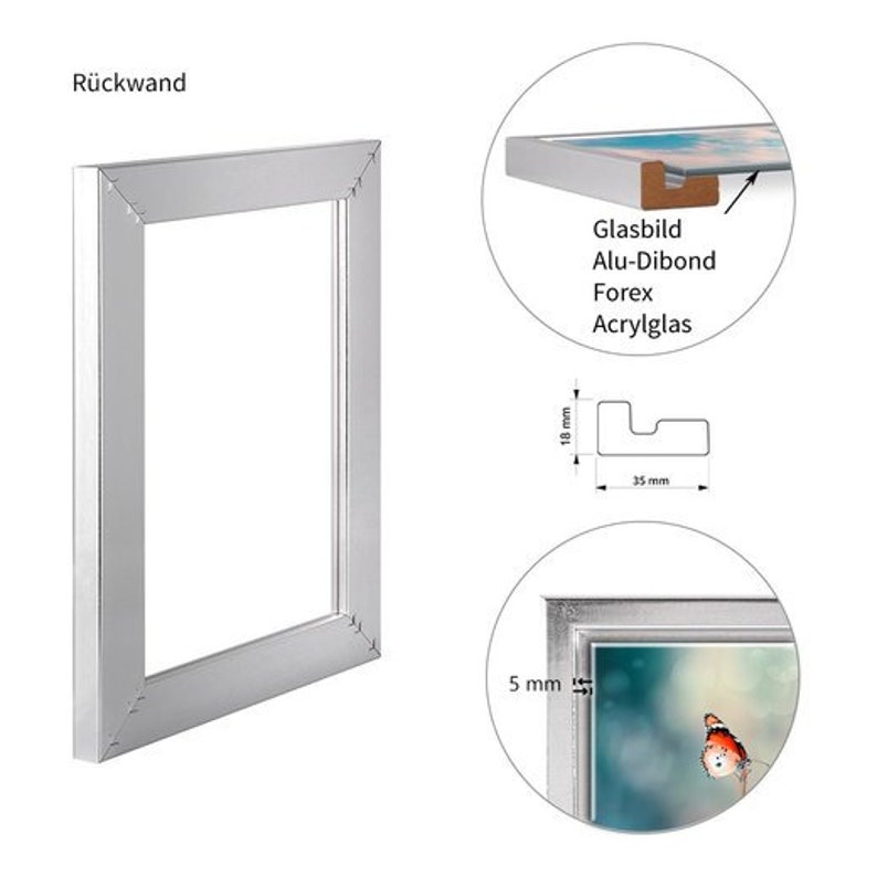 May include: A silver frame with a 1.75 inch wide border. The frame is made of aluminum and has a smooth, flat surface. The frame is designed to hold a picture or artwork. The text "R&uuml;ckwand" is visible in the top left corner of the image.