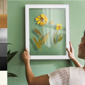Könnte beinhalten: Ein weiß gerahmtes Kunstwerk mit gepressten gelben Blumen und grünen Blättern. Das Kunstwerk wird vor einer grünen Wand ausgestellt. Der Rahmen wird von einer Person gehalten.