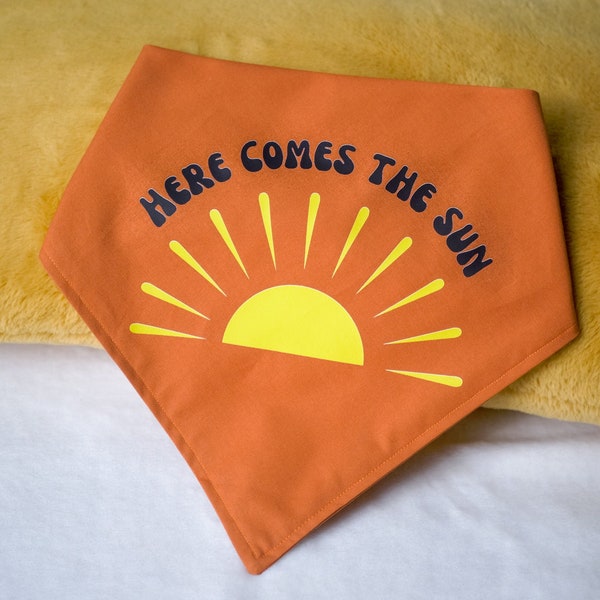 Here Comes The Sun Dog Bandana (The Beatles, snap on bandana, custom,burnt orange, 70's, groovy)