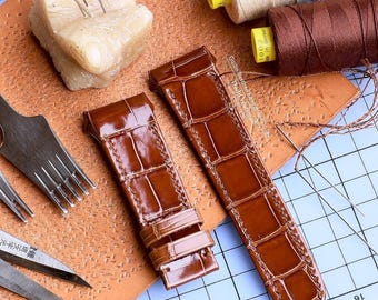 Correa de reloj personalizada de piel de cocodrilo marrón, correa de piel de caimán hecha a mano.
