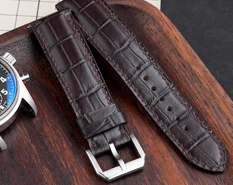 Dark Coffee Brown Alligator-Embossed Calfskin Watch Strap 20mm Handmade Strap 18mm