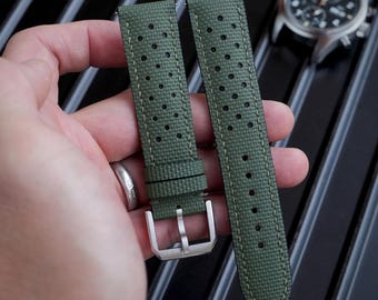 Olive Green Flat Sailcloth Rally Watch Strap Custom Sized Watch Band 20mm Handmade