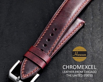 Correa de reloj de cuero Horween Crazy Horse con efecto degradado rojo burdeos, hecha a mano. Tamaños personalizados.