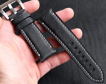 Correa de reloj Martino de cuero negro hecha a mano, personalizada en todos los tamaños.