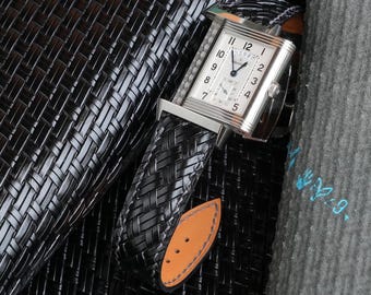 Correa de reloj de piel de becerro tejida Treccia italiana negra, personalizada en todos los tamaños.