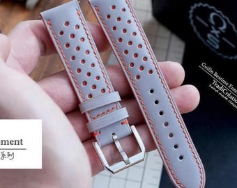 Correa de reloj de cuero gris estilo rally hecha a mano, tamaño personalizado.