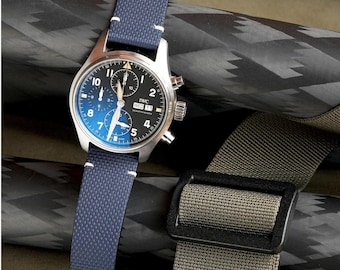 Correa de reloj híbrida de caucho fluorado FKM, hecha a mano en tela de vela azul oscuro con forro de cuero y tamaños personalizados.