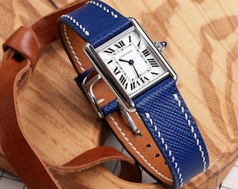 Correa de reloj de piel de cabra azul real hecha a mano, personalizable en todos los tamaños.