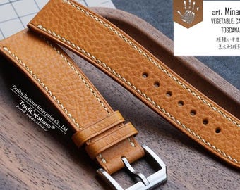 Correa de reloj de piel de becerro marrón amarillenta hecha a mano, tamaño personalizado.
