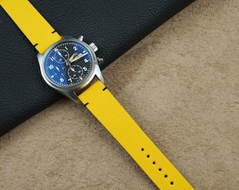 Correa de reloj híbrida de caucho fluorado FKM color amarillo limón, hecha a mano, con forro de cuero y tamaños personalizados.