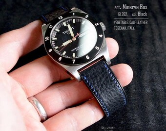 Correa de reloj de piel de becerro negra hecha a mano, de tamaño personalizado.