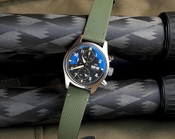 Correa de reloj de lona FKM color verde oliva, forrada en cuero, disponible en todos los tamaños.