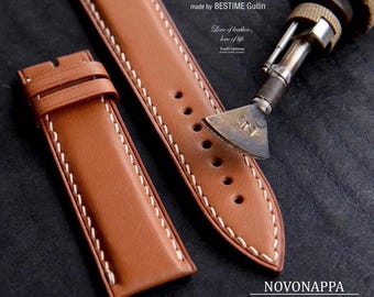 Correa de reloj de cuero Novonappa color marrón dorado, hecha a mano y de tamaño personalizado.