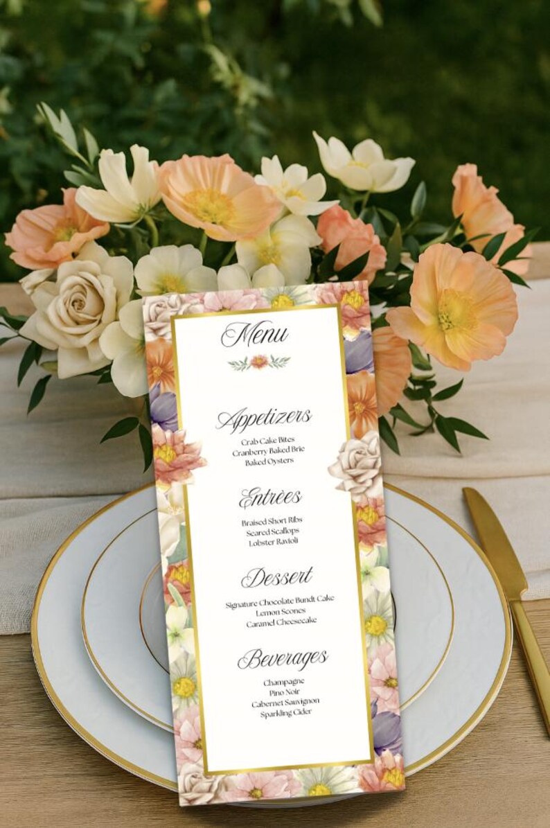 Spring Time High Tea Menu Card High Tea Party Menu Template - Editable 4x9 Canva Design for Bridal ...