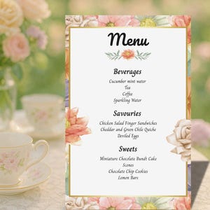 High Tea Party Menüvorlage - Bearbeitbar 11x17 Canva Design für Brautparty, Babyparty, Geburtstag oder Kirchentee