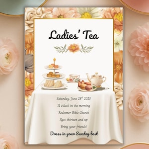 Modèle modifiable d&#39;invitation élégante à une tea party - Invitation florale pour une douche nuptiale, un anniversaire, un événement religieux ou une garden-party - Invitation pour le goûter