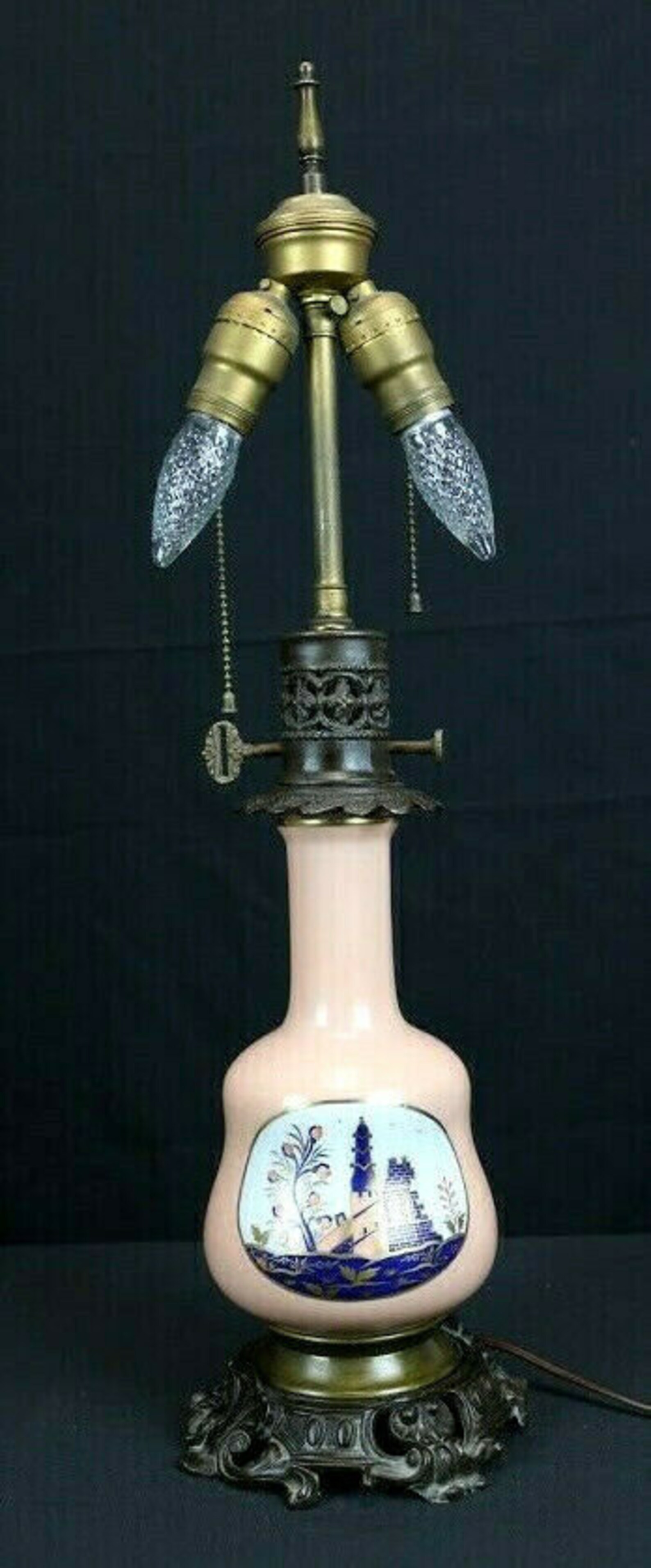 Antique Converted Oil Lamp Ornate Bronze Base With Painted Etsy UK