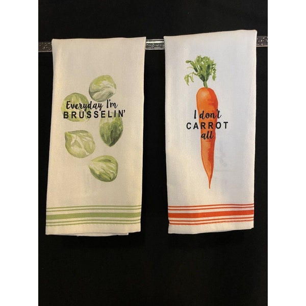 Heather Myers Two Kitchen Dish Tea Towels Vegetable Veggie Pun whimsical Fun