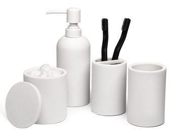 Jo Lavie Bathroom Accessories Crystal White Set Of 4, Soap Dispenser, Bathroom Jars, Toothbrush Cup, Brush Holder, Modern Home Decor