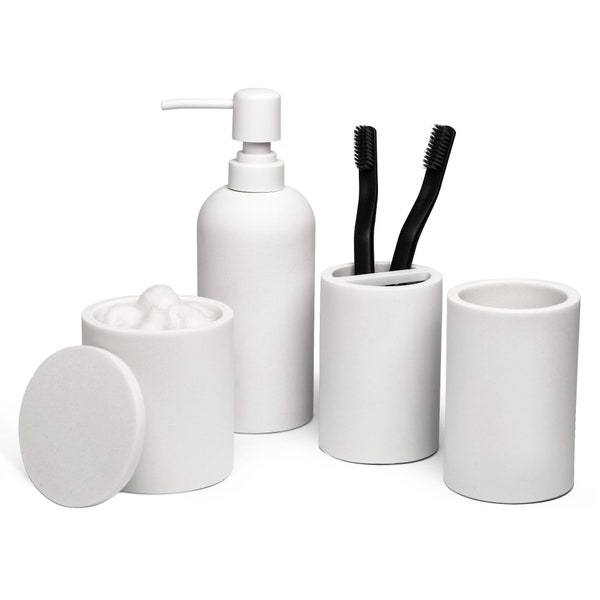 JO LAVIE - White Bathroom Accessory Set 4 Pcs, Resin Bath Accessories Set Include Soap Dispenser Toothbrush Holder Qtip Holder Tumbler