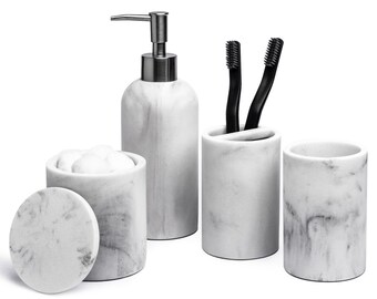 JO LAVIE - Marble Bathroom Accessory Set 4 Pcs, Resin Bath Accessories Set Include Soap Dispenser Toothbrush Holder Qtip Holder Tumbler