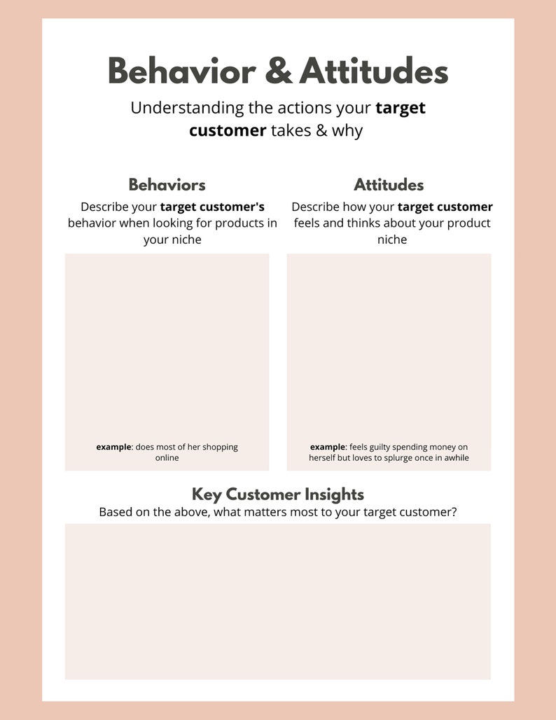 May include: A worksheet with the title "Behavior & Attitudes" and the subtitle "Understanding the actions your target customer takes & why". The worksheet is divided into two sections: "Behaviors" and "Attitudes". Each section has a space for describing the target customer's behavior or attitudes. The worksheet also includes a section for "Key Customer Insights" with the question "Based on the above, what matters most to your target customer?"