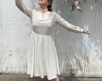 Vintage Ruffled Collar White Midi Dress