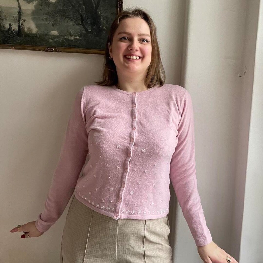 Classic Button Up Cardigan in Baby Pink