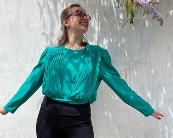 Vintage Emerald Green Pleated Blouse