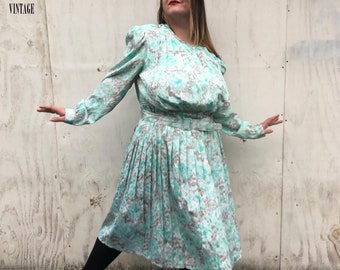 80s Vintage Plus Size Pleated Puff Sleeve Dress