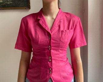 Vintage Hot Pink Button Up Short Sleeve Shirt
