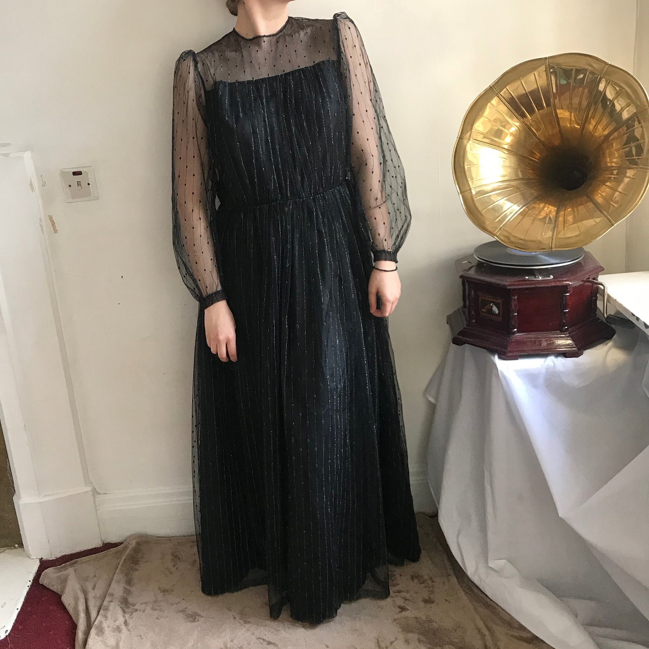 Vintage Sheer Black and Silver Puff Sleeve Gown - Etsy Canada