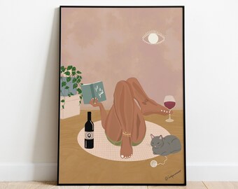 Girl Reading Print,Woman with wine art,Girl print,Book Lover Art,Women chilling print,Modern Wall Decor,Self love,Feminist,Digital-Printable