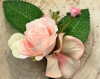 Rose, hydrangea and gypsophila wedding buttonholes | artificial floral buttonholes | boutonnières