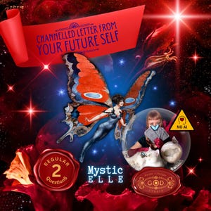 Könnte beinhalten: Eine digitale Grafik mit einem roten Banner mit dem Text CHANNELLED LETTER FROM YOUR FUTURE SELF, einer geflügelten Figur, einer Kristallkugel mit einer Person mit Karten und einer weißen Katze sowie roten Blüten. Enthält den Text Mystic ELLE.
