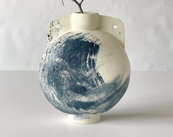 Textured stoneware vase white, Modern ceramic vase with splash, Blue ceramic vase, decorative pottery vase, Large pottery vase, Contemporary