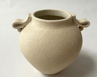 Minimalist Stoneware Vase, Handmade Neutral Pottery with Side Handles, Japandi Boho Style