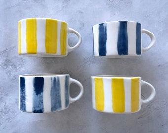 Large yellow striped mug, Handmade blue striped coffee mug, 12oz cup for tea, breakfast cool mug, Modern ceramic Cup, Latte Cup, Pottery Mug
