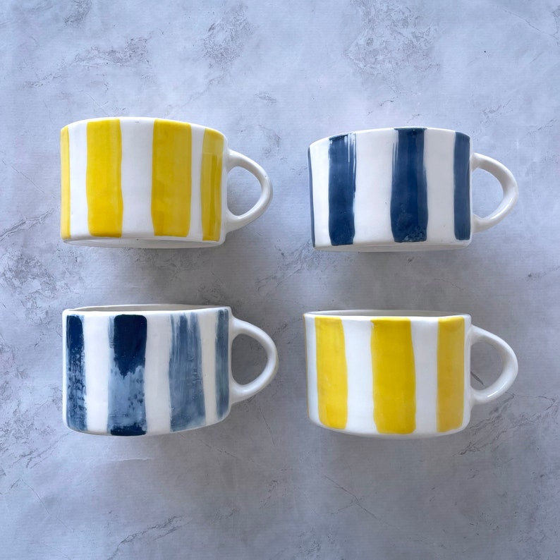 Large yellow striped mug, Handmade blue striped coffee mug, 12oz cup for tea, breakfast cool mug, Modern ceramic Cup, Latte Cup, Pottery Mug image 1