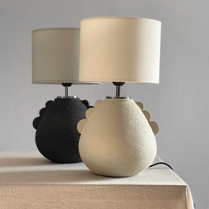 Simple Elegant Table Lamp Handmade, Modern Table Lamp Pair, Pottery Lamp Table, Cream Cylindrical Shade, Textured Stoneware lamp, Japandi.