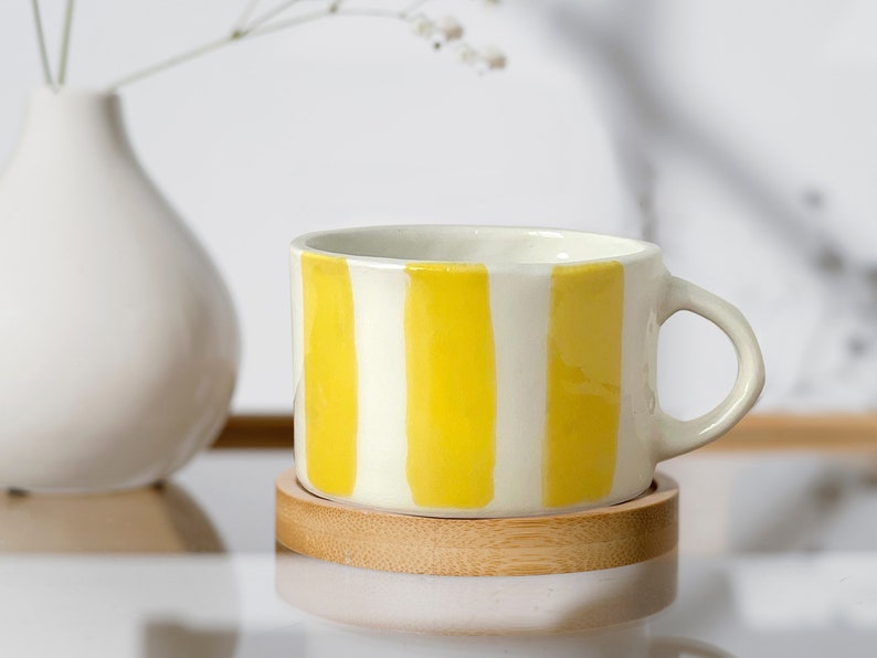 Grande tasse rayée jaune, tasse à café rayée bleue faite à la main, tasse à thé, tasse de petit-déjeuner, tasse au lait image 8