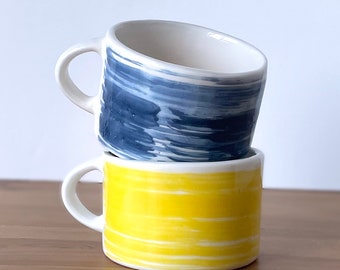 Yellow and blue cereal mug, large breakfast mug, large rustic mug, american coffee mug, home gift mug, handmade espresso cup, coffee lovers