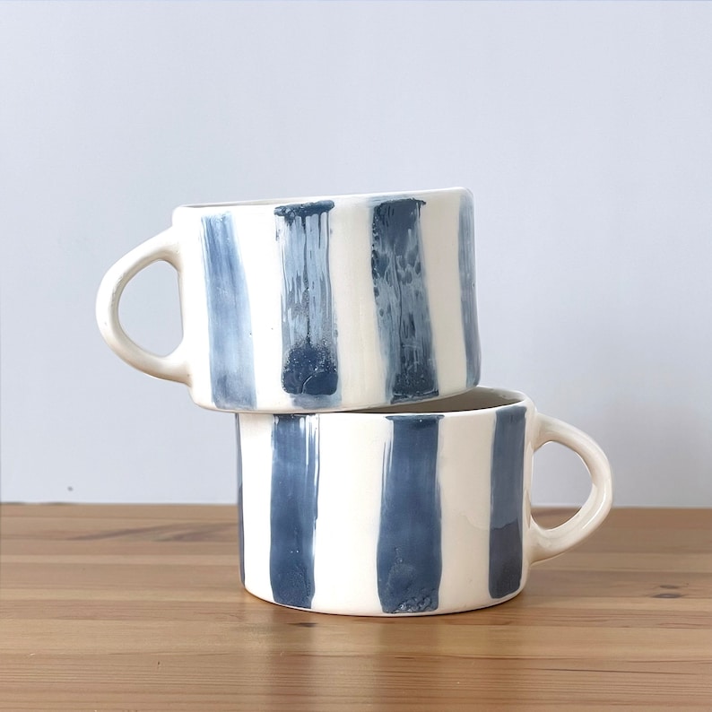 Große gelb gestreifte Tasse, handgemachte blau gestreifte Kaffeetasse, Teetasse, Frühstückstasse, Milchkaffeetasse Bild 6